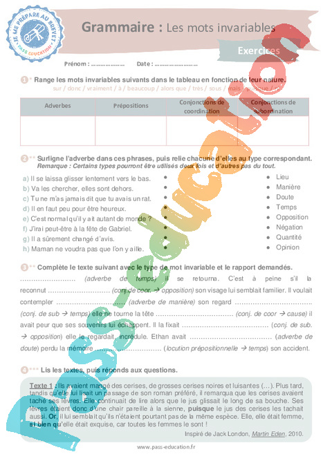 Evaluation Mots invariables : 3ème