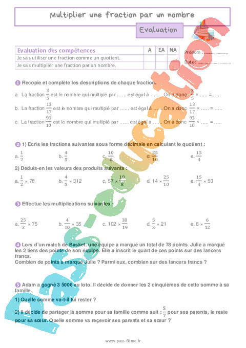 Evaluation Multiplier des fractions : 6ème