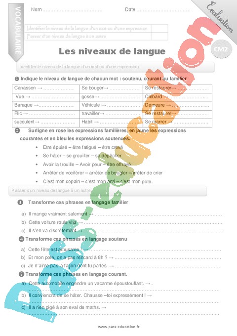 Les Niveaux De Langue Cm2 _ Exercices VOCABULAIRE CM2: les niveaux de ...
