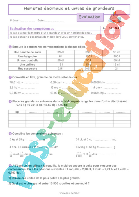 Evaluation Nombres décimaux et unités de grandeur : 6ème