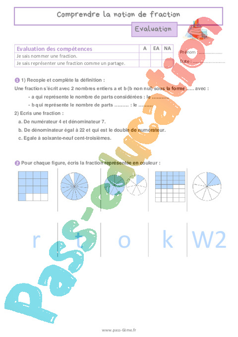 Evaluation Notion de fractions : 6ème