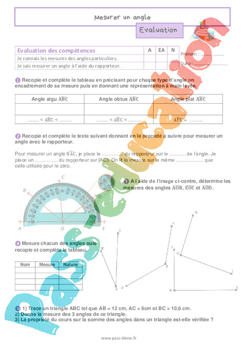 Evaluation Notions d'angles : 6ème