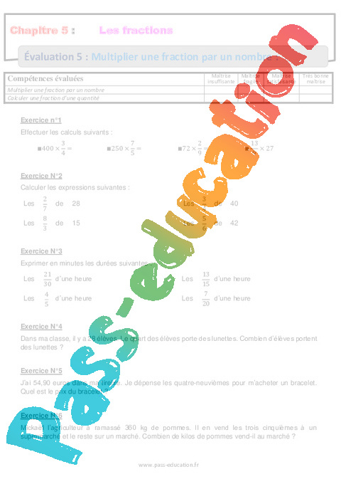 Evaluation Opérations fractions : 6ème