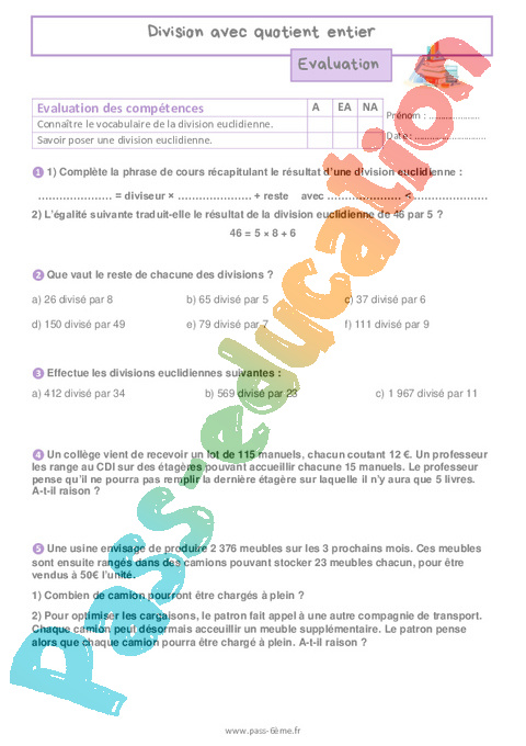 Evaluation Opérations nombres entiers : 6ème