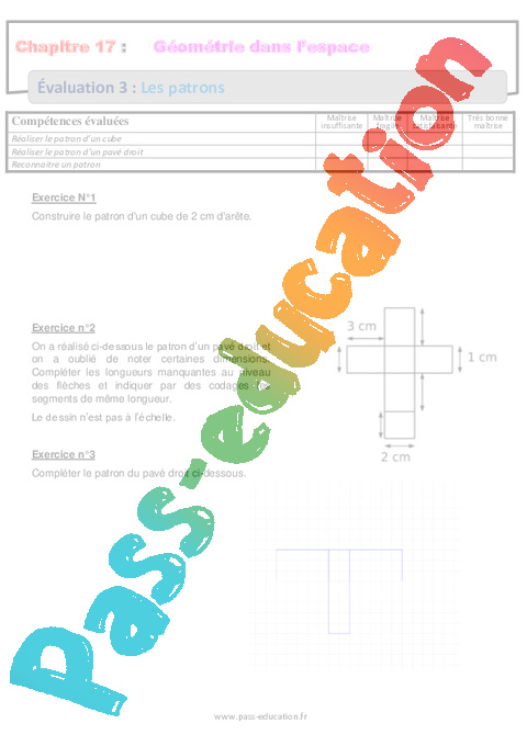 Evaluation Patrons de solides : 6ème