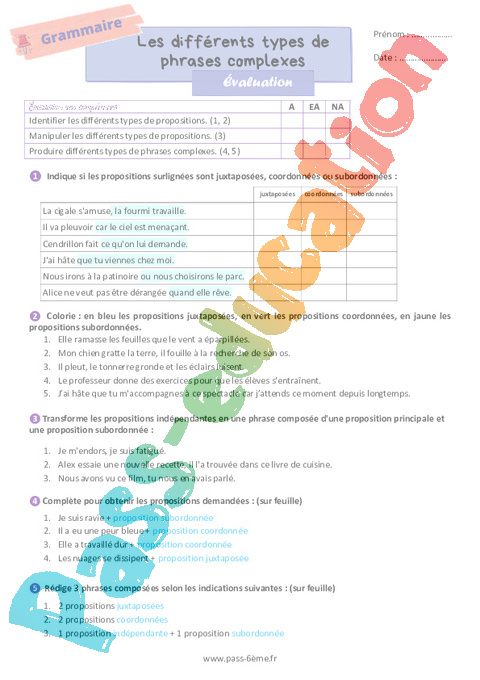 Evaluation Phrase simple et complexe : 6ème