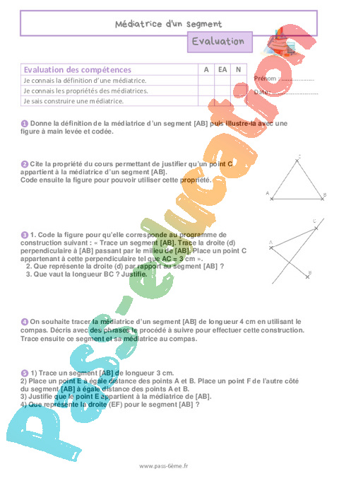 Evaluation Points, droites et segments : 6ème