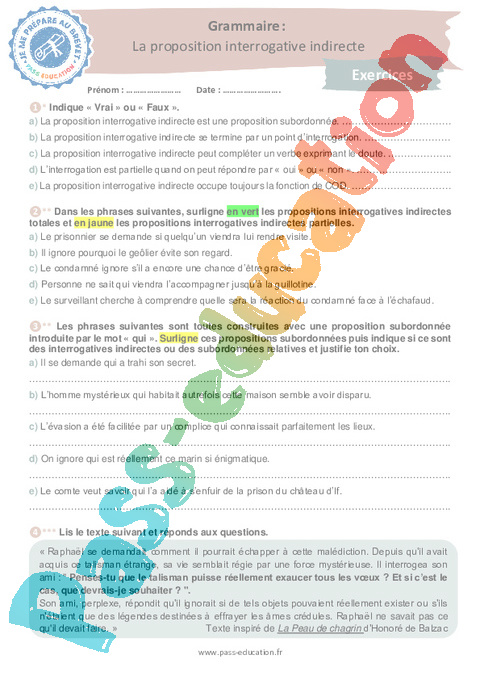 Evaluation Propositions subordonnées interrogatives : 3ème