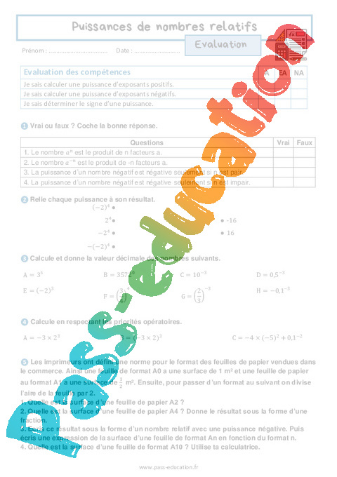 Evaluation Puissances d'exposant négatif : 4ème
