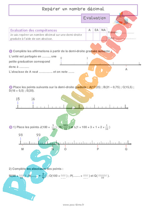 Evaluation Repérer un nombre décimal : 6ème