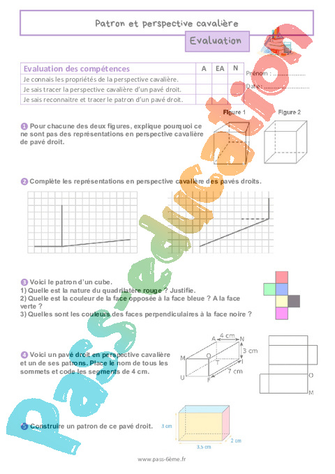Evaluation Représentation en perspective cavalière : 6ème