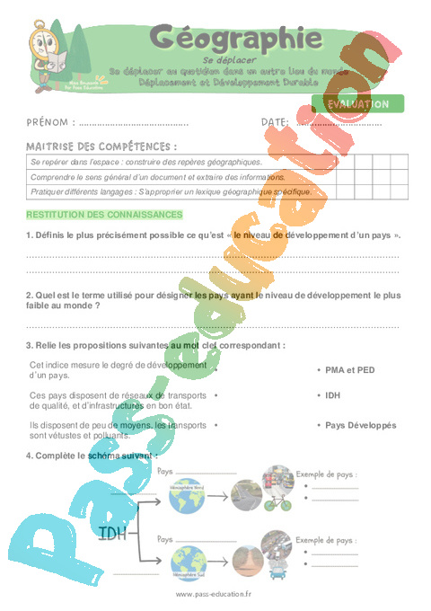 Evaluation Se déplacer au quotidien dans le monde : CM2