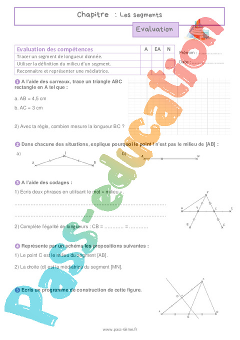Evaluation Segments : tracer, mesurer, comparer : 6ème
