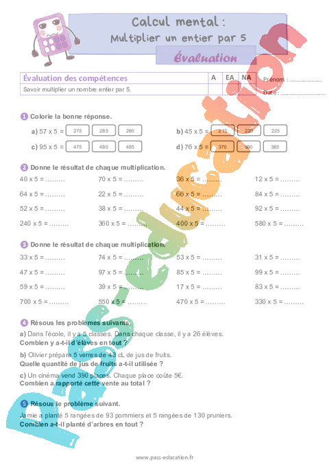 Evaluation Stratégie de calcul mental : CE2