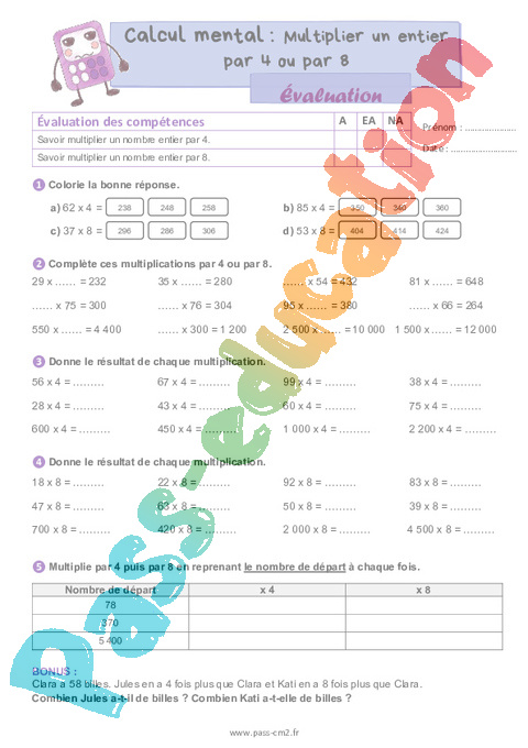 Evaluation Stratégie de calcul mental : CM2