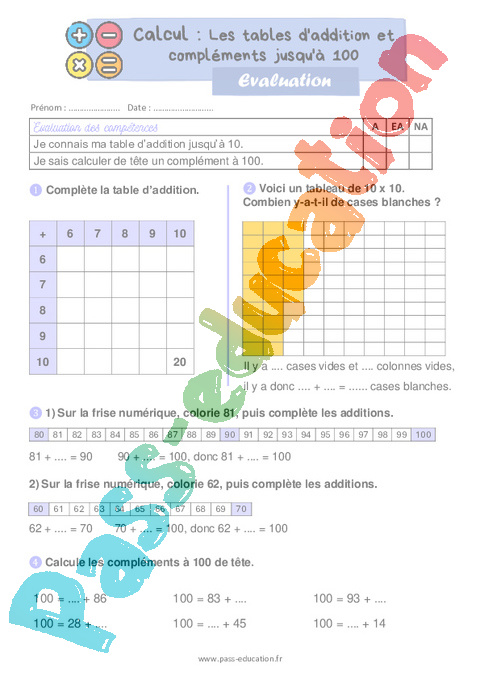 Evaluation Tables d'addition : CE1