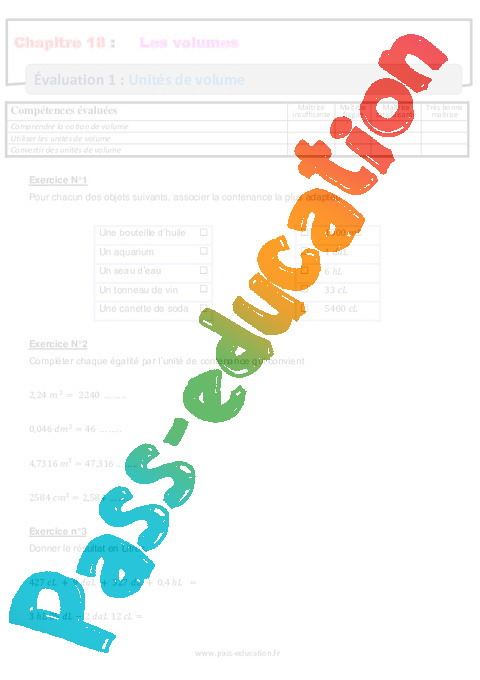 Evaluation Unités de volume / conversions : 6ème