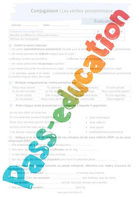 Evaluation Verbes pronominaux : 4ème