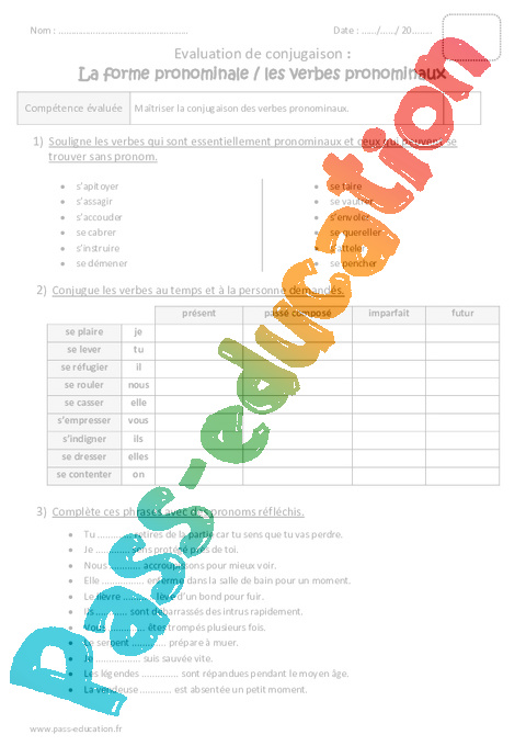 Evaluation Verbes pronominaux : CM2