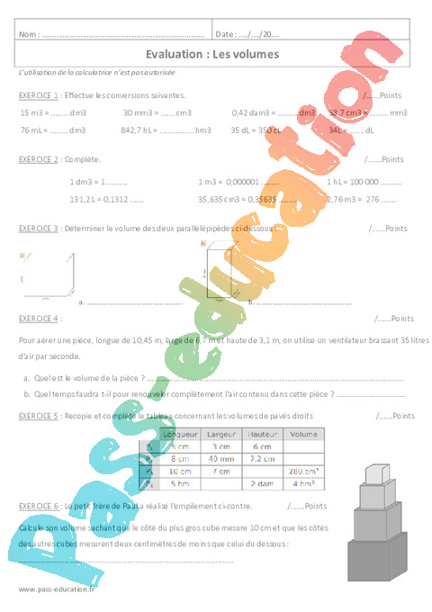 Evaluation Volume d'un solide : 6ème