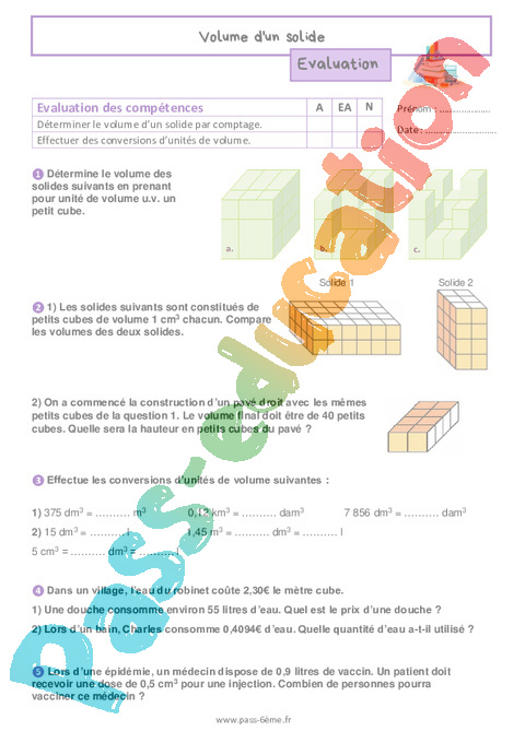 Evaluation Volume d'un solide : 6ème