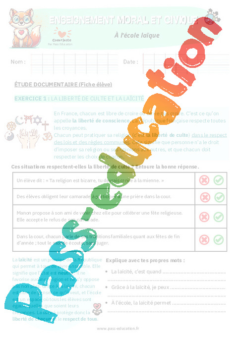 Exercice A l'école laïque : CM2