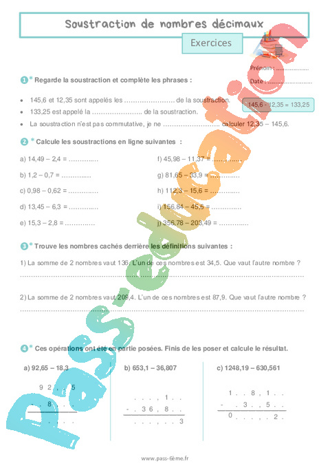Exercice Addition / Soustraction : 6ème