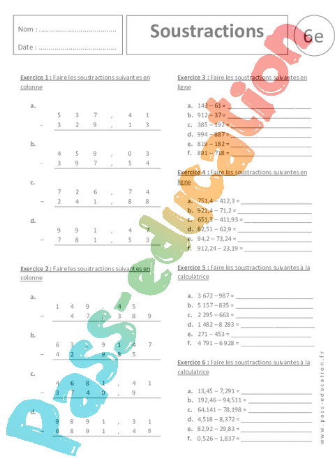 Exercice Addition / Soustraction : 6ème