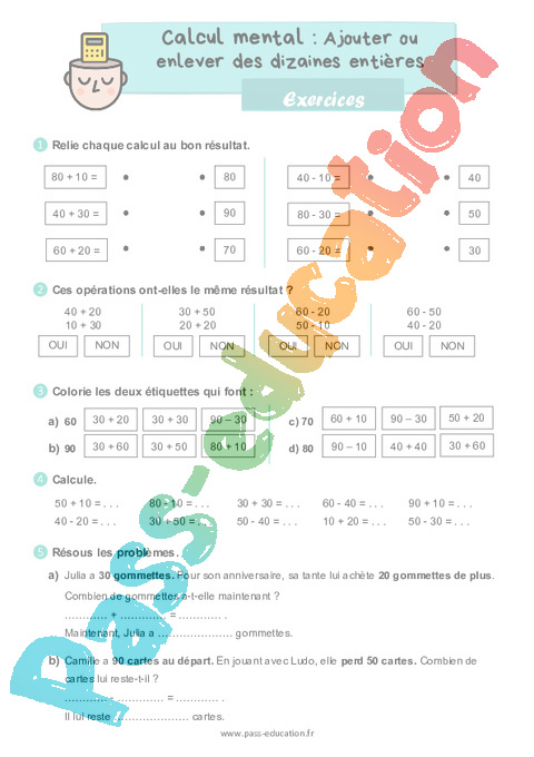 Exercice Ajouter ou enlever des dizaines entières : CE1