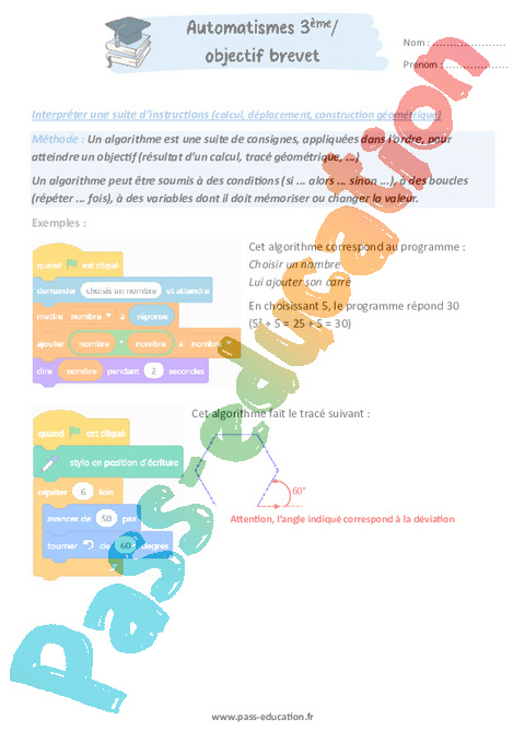 Exercice Automatismes algorithme / programmation : 3ème