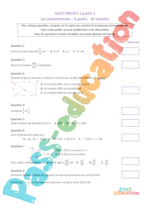 Exercice Automatismes : 3ème