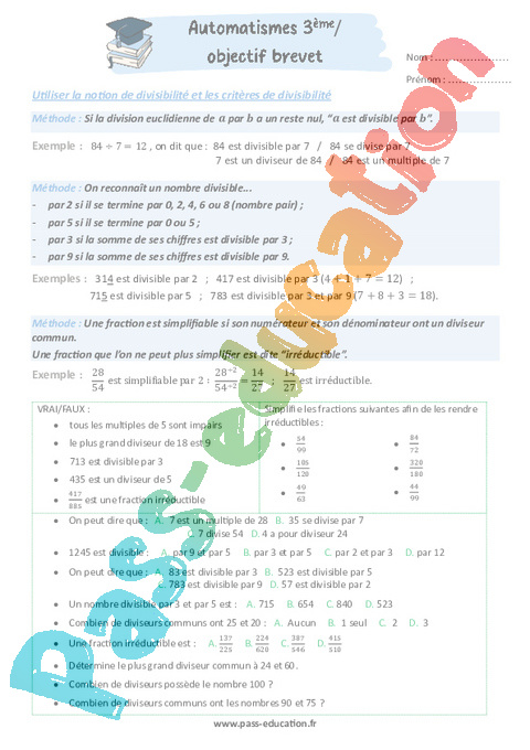 Exercice Automatismes nombre et calculs : 3ème