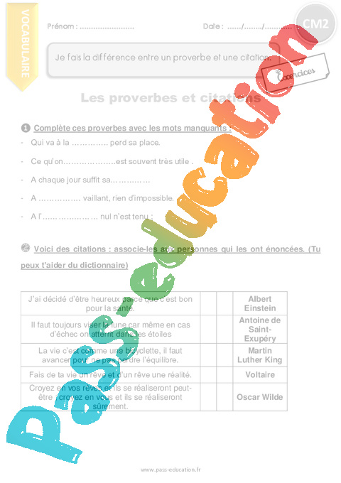 Exercice Autres fiches - Vocabulaire / Lexique : CM2