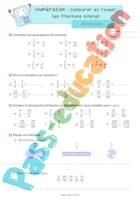 Exercice Comparer / ranger / encadrer des fractions : CM2