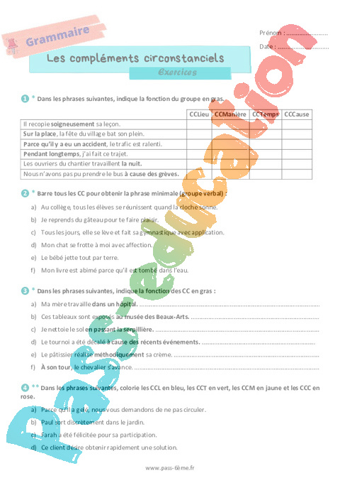 Exercice Complément de phrase / complément circonstanciel : 6ème