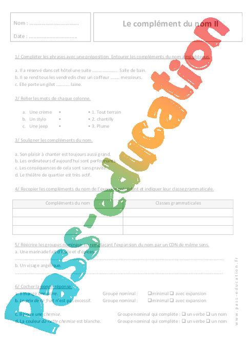 Exercice Complément du nom : 5ème