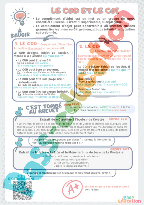 Exercice Complément du verbe: COD, COI, COS : 3ème
