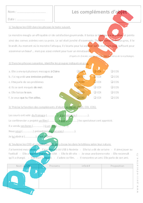 Exercice Complément du verbe: COD, COI, COS : 5ème