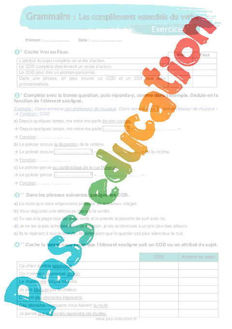Exercice Complément du verbe : 5ème