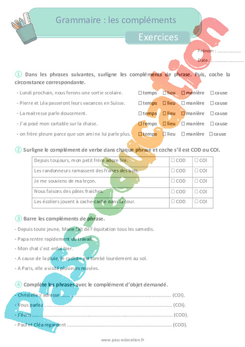 Exercice Complément du verbe : CM2