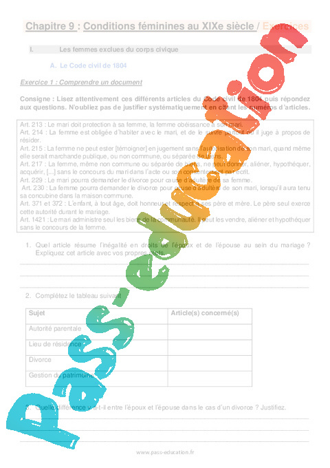 Exercice Conditions féminines au XIXe siecle : 4ème