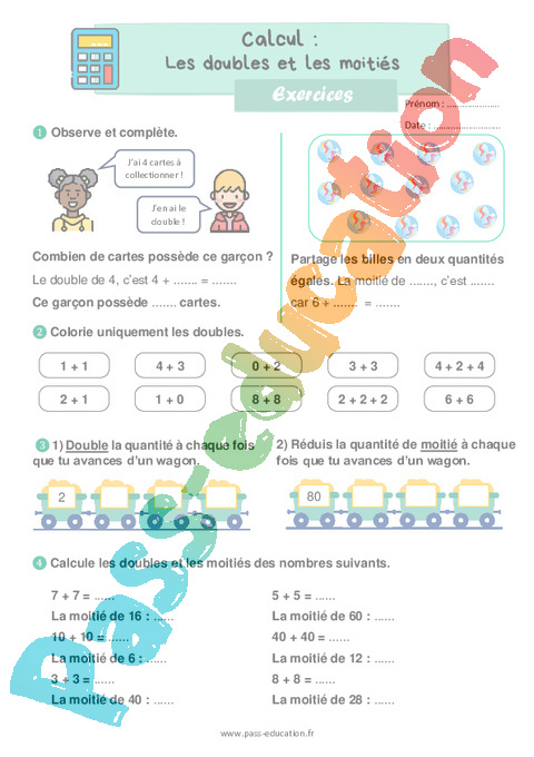 Exercice Doubles et moitiés : CE1