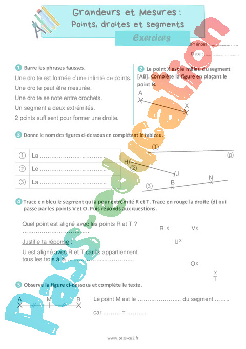 Exercice Droites et demi-droites - Points, droites et segments - Géométrie - Mathématiques : CE2