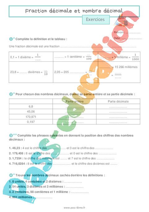 Exercice Fraction décimale et nombre décimal : 6ème