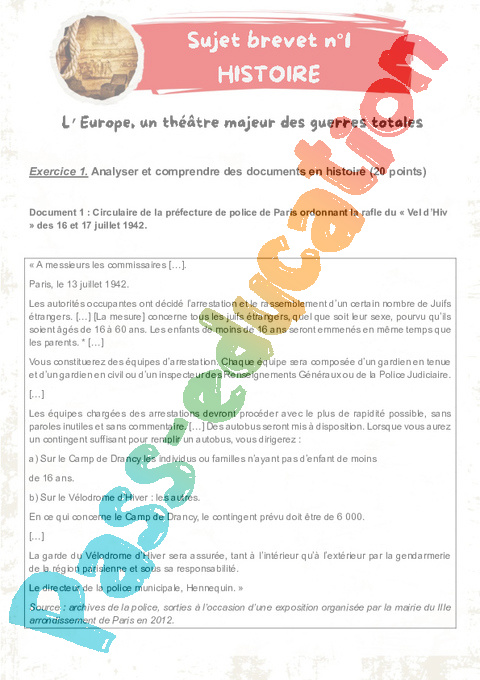 Exercice Histoire : 3ème