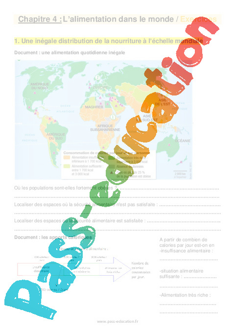 Exercice L’alimentation dans le monde : 5ème