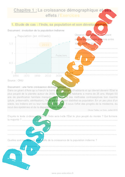 Exercice La croissance démographique et ses effets : 5ème