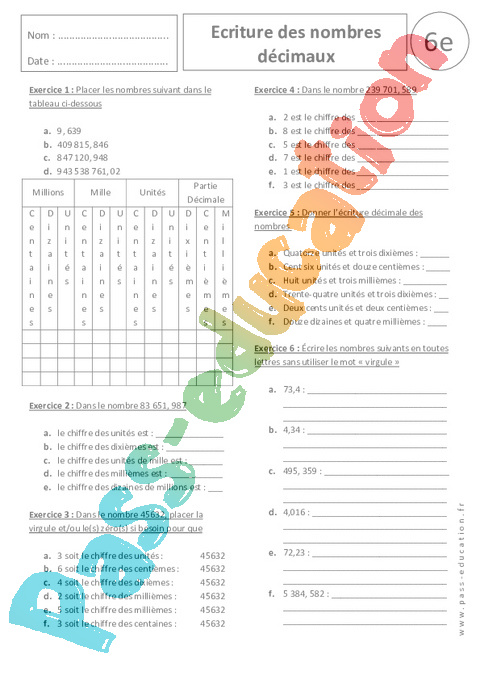 Exercice Lire et écrire des nombres décimaux : 6ème