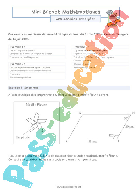 Exercice Mini Brevet - Annales corrigées : 3ème