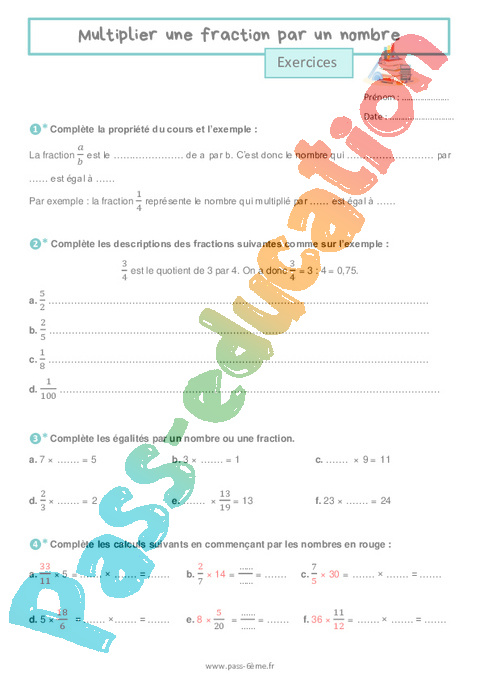 Exercice Multiplier des fractions : 6ème